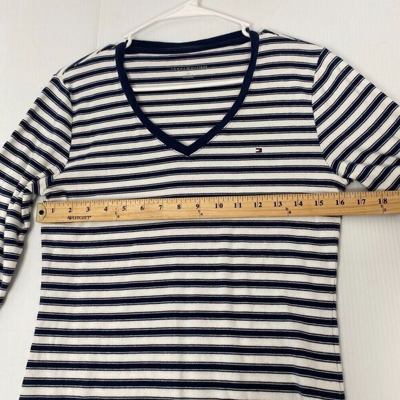 Tommy Hilfiger Shirt Teens Large Blue/White Striped Long Sleeve V Neck Pullover - Picture 4 of 16